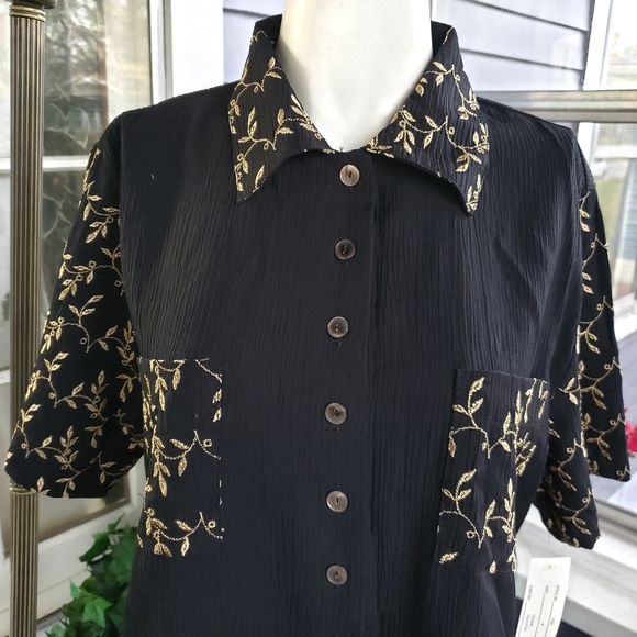 Vintage NWT Adolfo Sport Black Gold Embroidered Leaves Rayon Blend Blouse Top /M - Picture 3 of 9